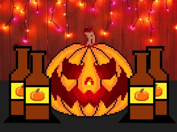 An animated image shows the inside of an orange jack-o’-lantern flickering as two brown bottles of beer labeled with pumpkins sit on each side.