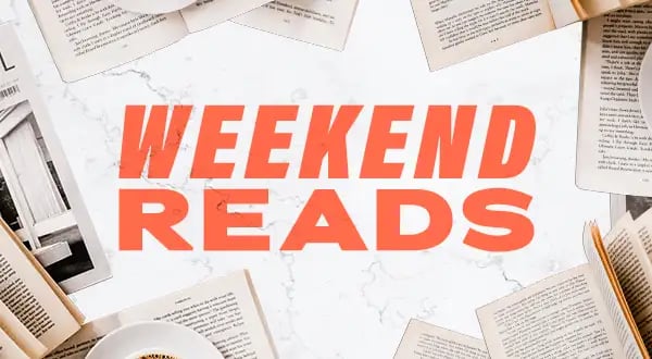 âWeekend Readsâ in an orange font on a white background surrounded by open books.